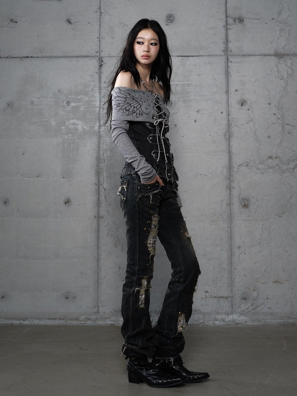 NO ROMANCE Vintage Patchwork Rhinestone Knit Women Washed Gray Long Sleeve T-Shirts