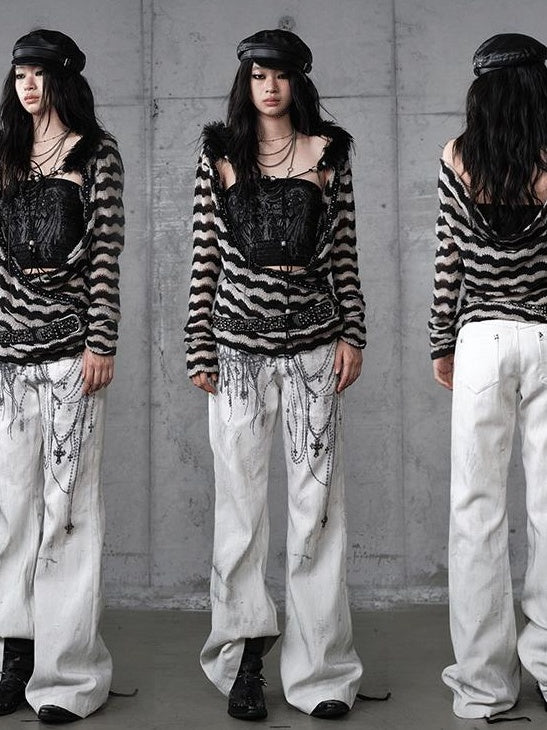 NO ROMANCE Dyed Punk Washed White Loose Fit Natural Waist Cotton Women Wide-Leg Jeans