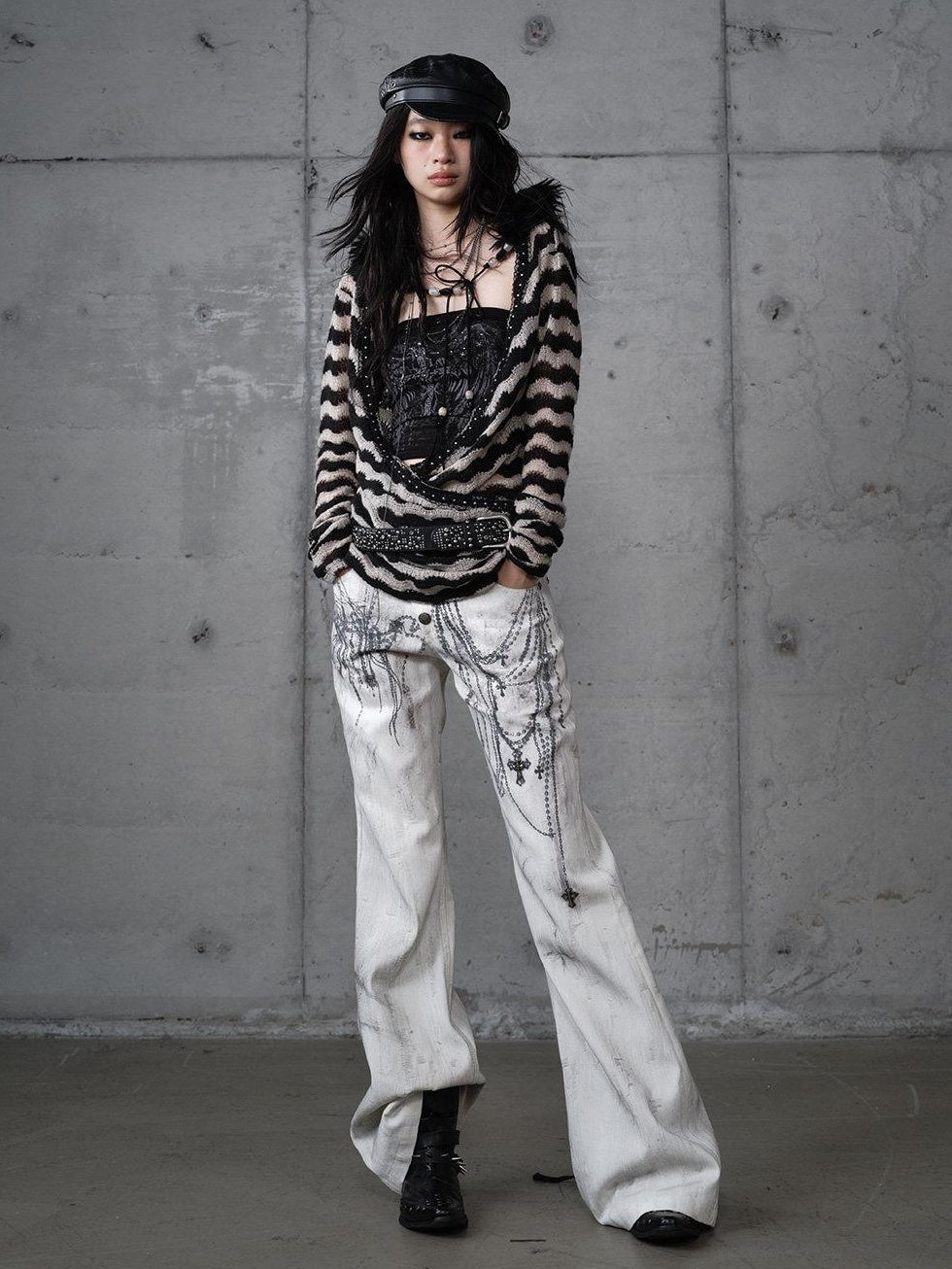 NO ROMANCE Dyed Punk Washed White Loose Fit Natural Waist Cotton Women Wide-Leg Jeans