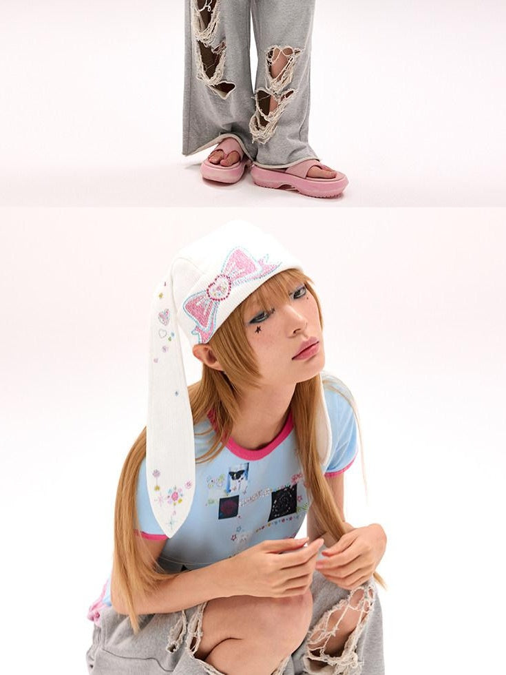 CFIERCE Cute Cartoon Bow Accent Casual Unisex Youth Onesize Black Blue White Knit Beanie