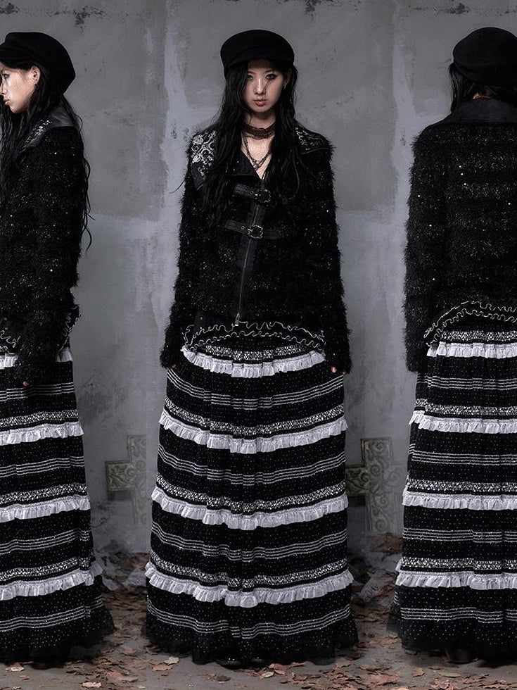 NO ROMANCE High Waist Victorian Lace Patchwork Pu Panel A Line Women Black Maxi Skirts