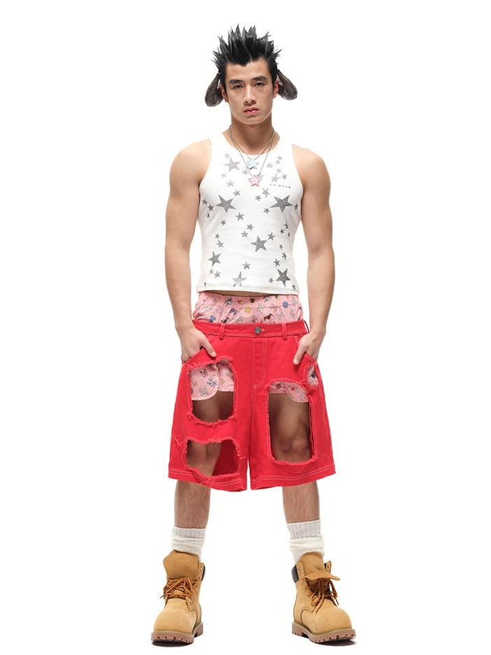 CFIERCE Breathable Cotton Low Waist Wide Leg Loose Fit Casual Youth Red White Zipper Fly