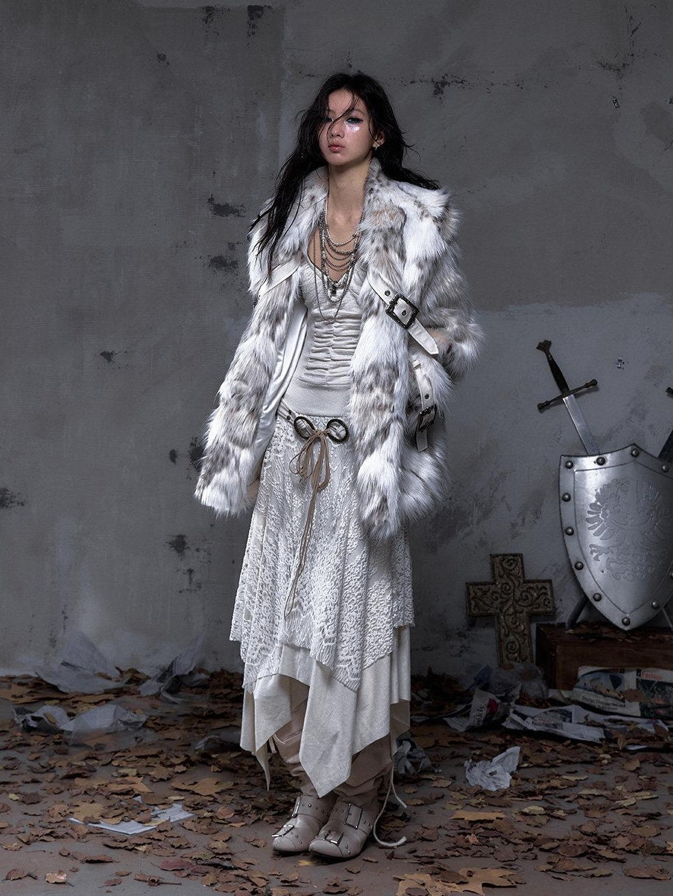 NO ROMANCE Insulated Retro Relaxed Midlength Lapel Fur Trim Women Ivory Puffer Jackets