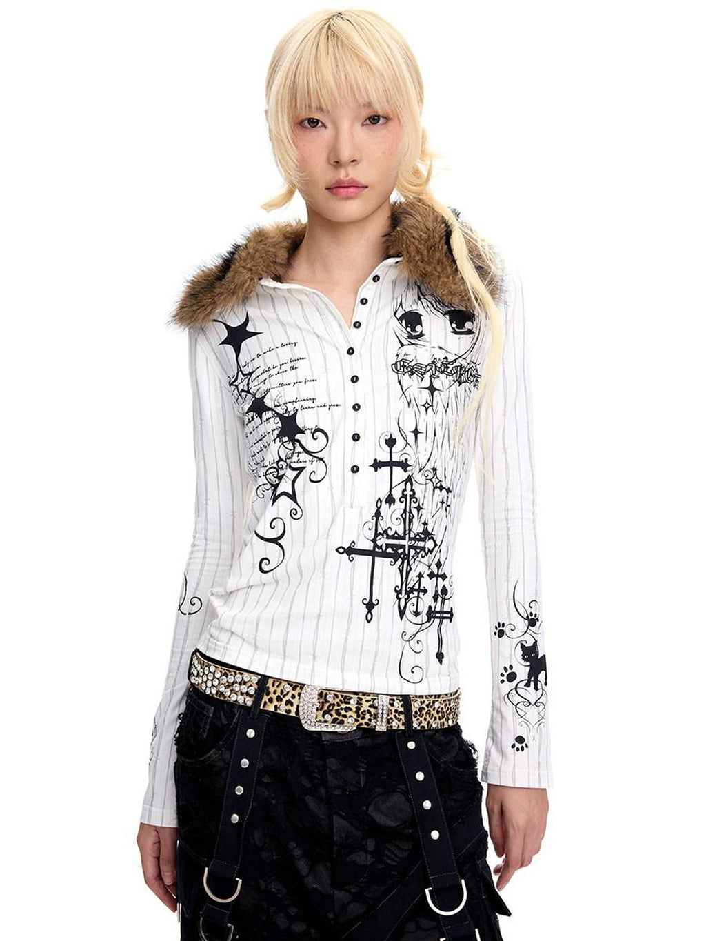 CFIERCE Stretch Cotton Slim Fit Creative Animal Print Casual Long Sleeve Polo Shirt