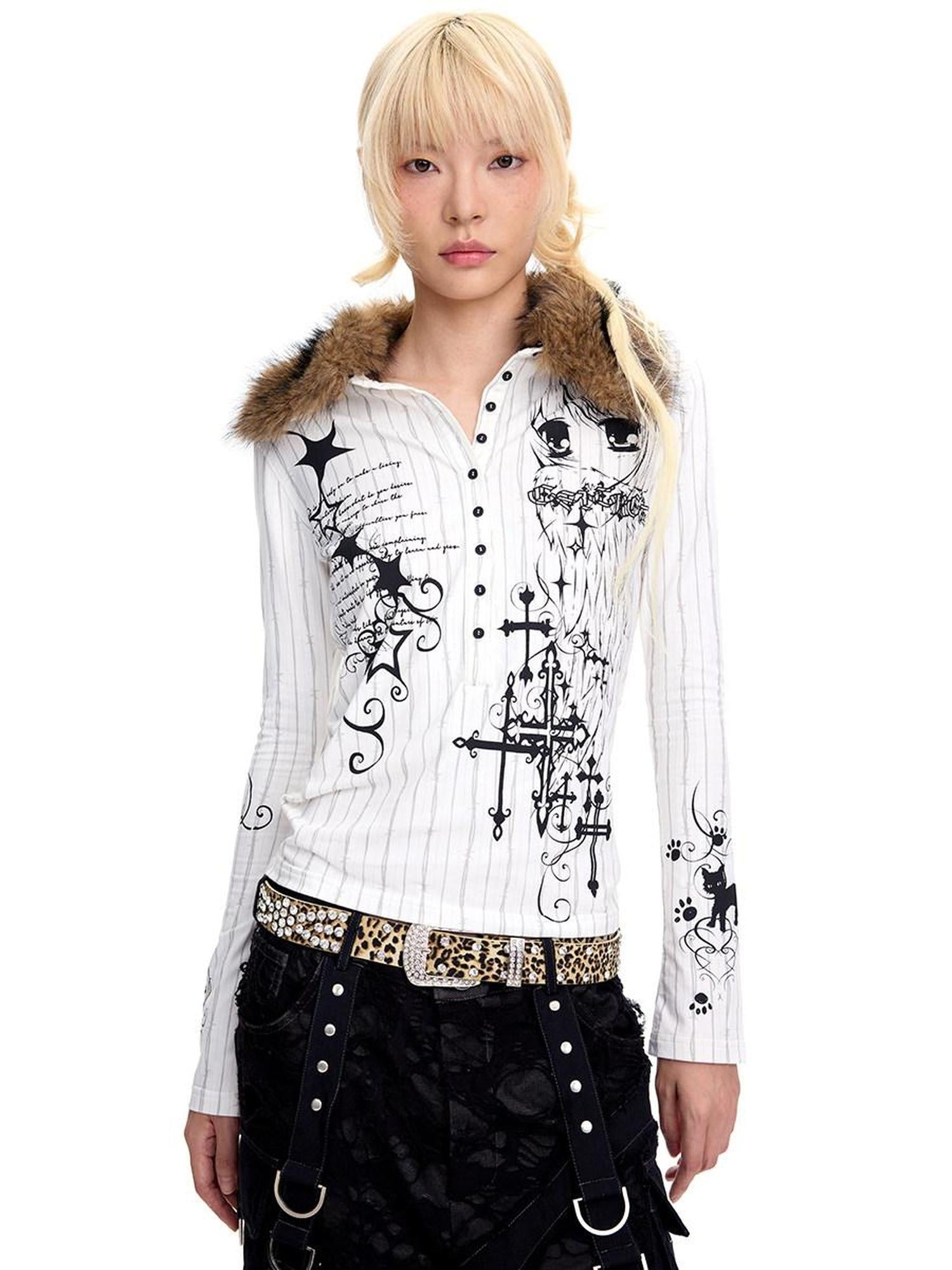 CFIERCE Stretch Cotton Slim Fit Creative Animal Print Casual Long Sleeve Polo Shirt