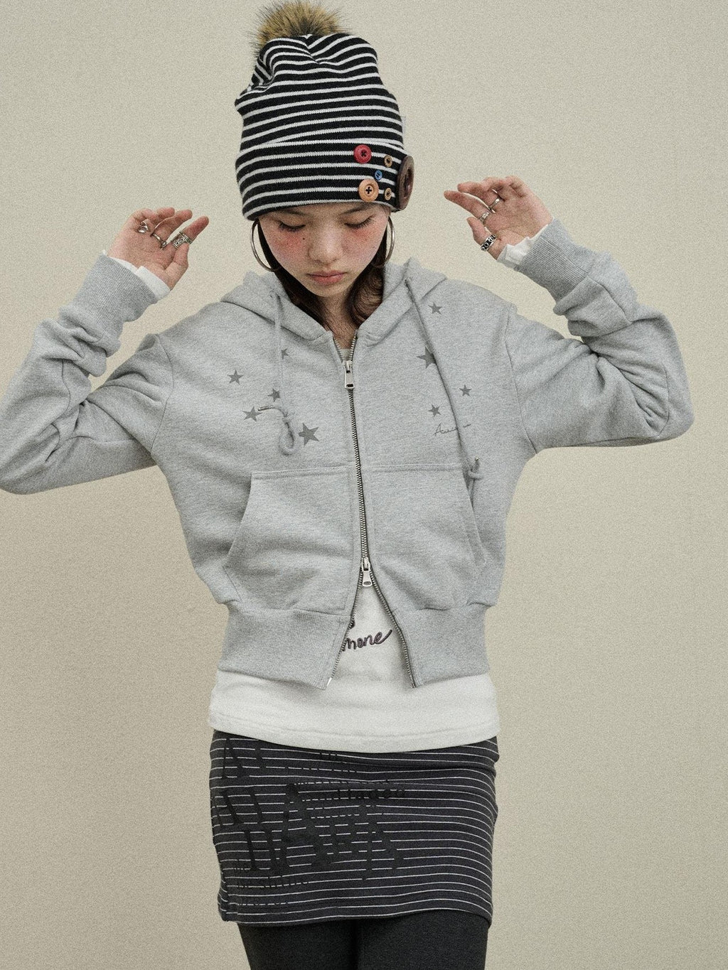 Achihara Star Print Cropped Zip Hooded Slim Fit Long Sleeve Women'S Cotton Hoodies