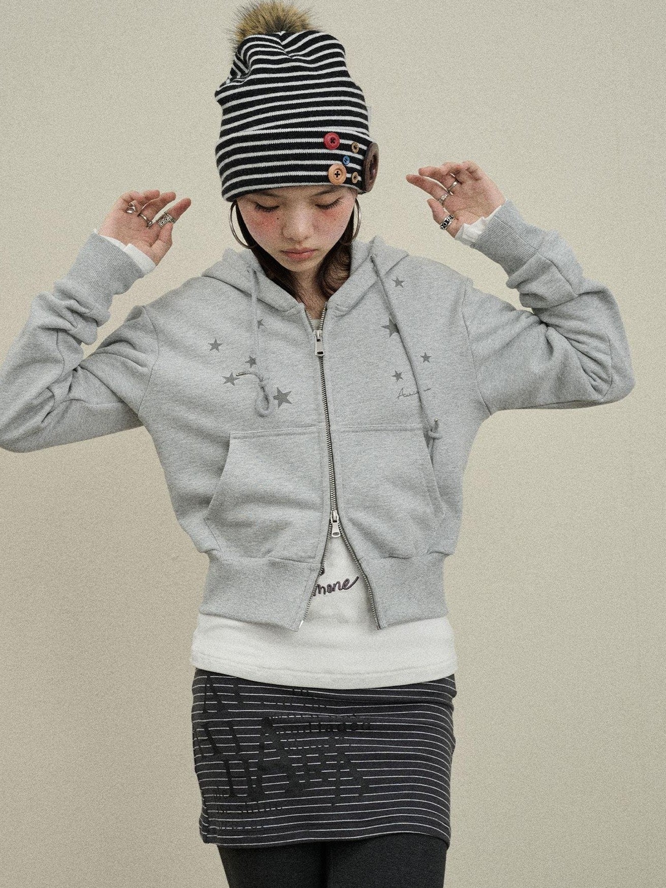 Achihara Star Print Cropped Zip Hooded Slim Fit Long Sleeve Women'S Cotton Hoodies