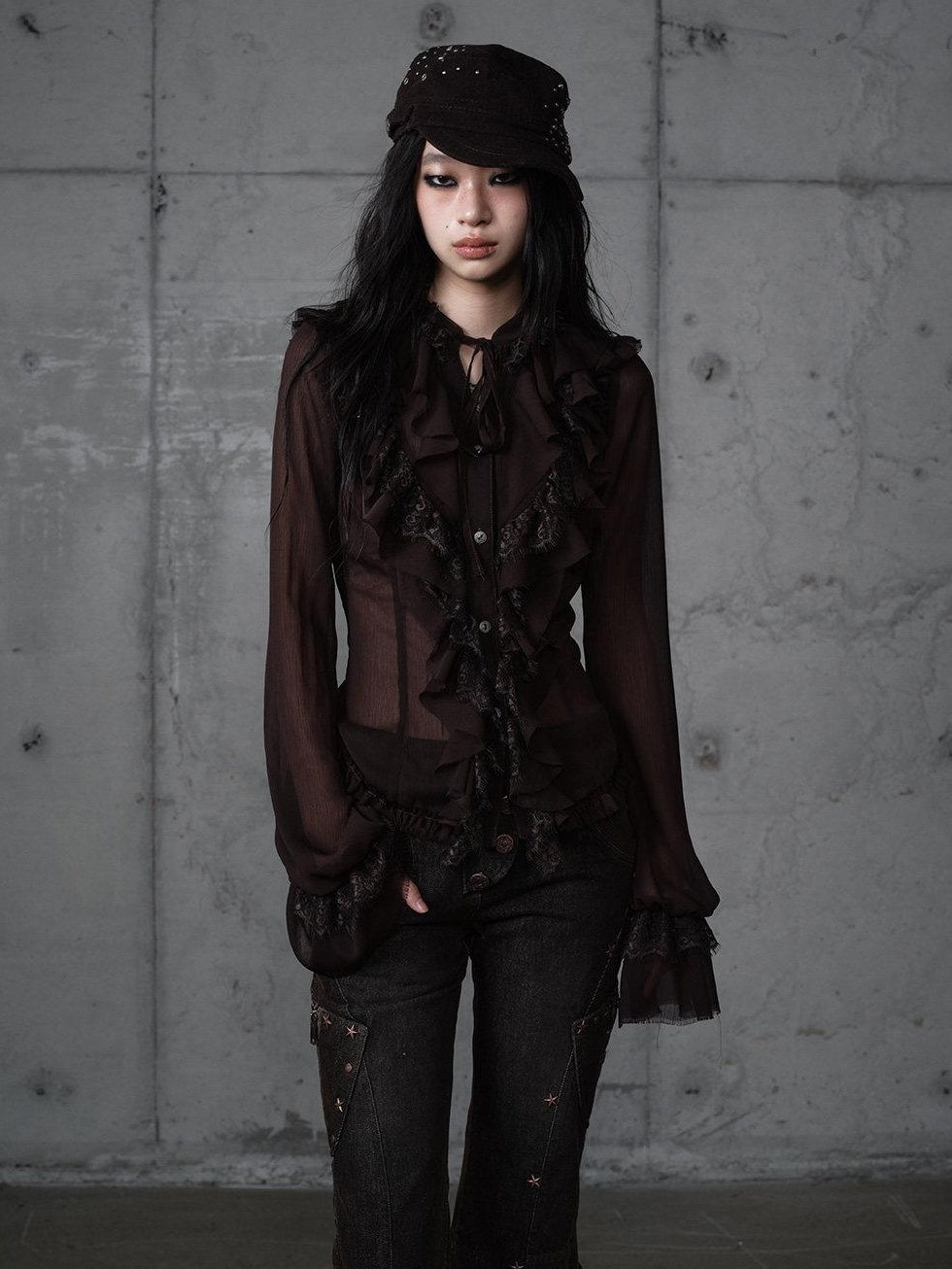 NO ROMANCE Slimming Vintage Slim Fit Ruffle Stand Collar Chiffon Long Sleeve Women Blouses
