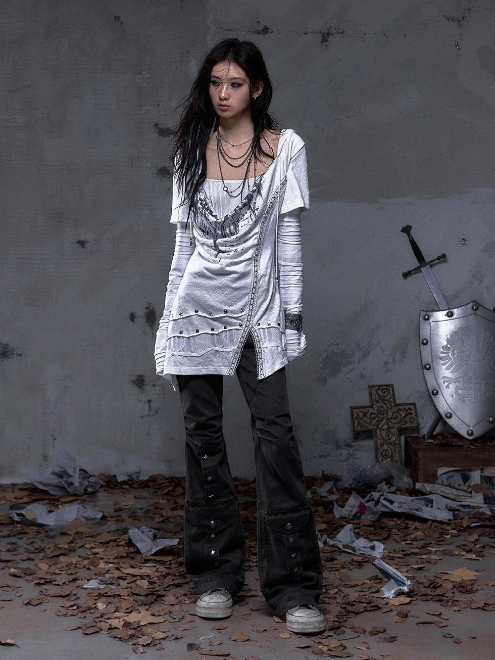 NO ROMANCE Pleated Button Mid Low Rise Subtle Flare Dark Grunge Women Chinos