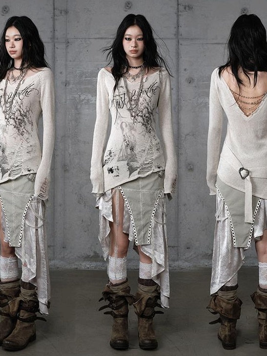 NO ROMANCE Soft Slim Punk V-neck Reversible Distressed Polyester Women Long Sleeve T-Shirts
