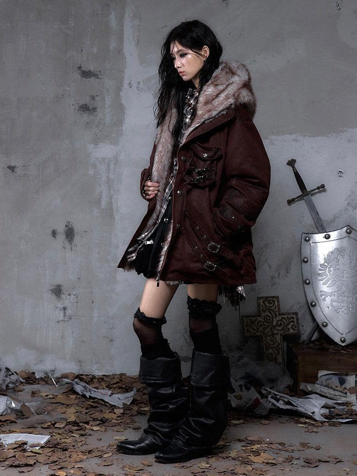 NO ROMANCE Thick Insulated Hooded Punk Oversized Midlength Zip Khaki Green Puffer Jackets