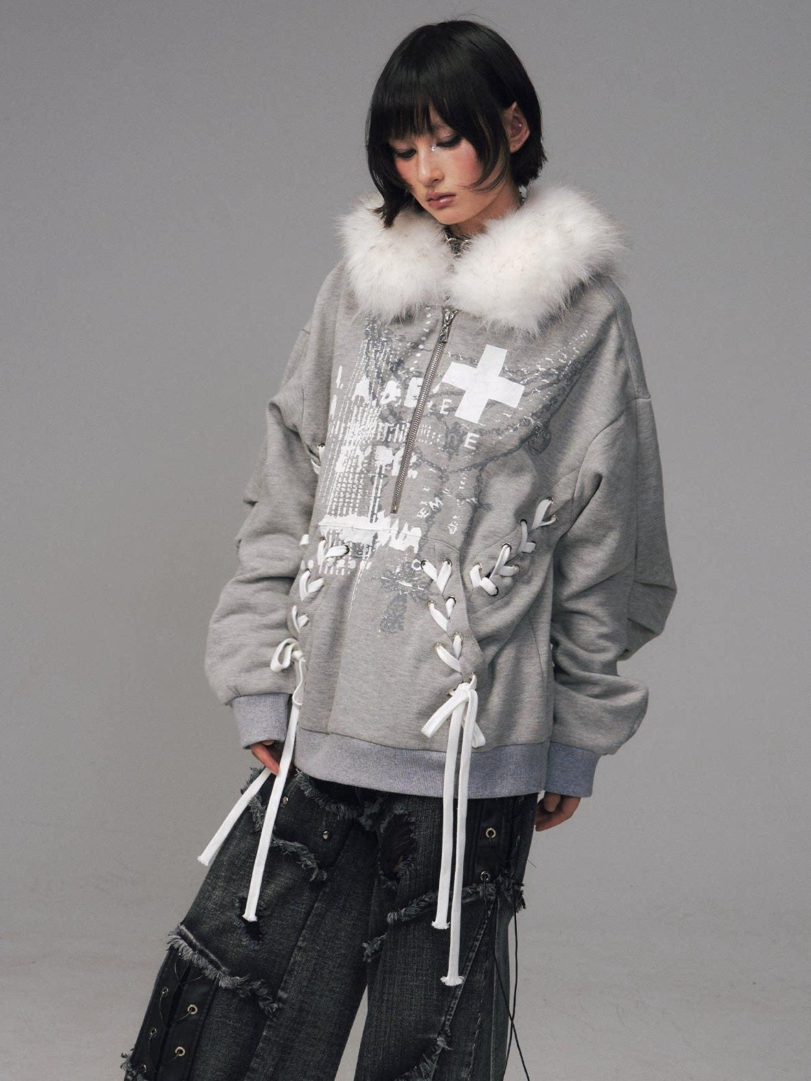 Frustration Garden Original Design Loose Fit Printed Fur Collar Zip Hooded Warm Gray Women Hoodies