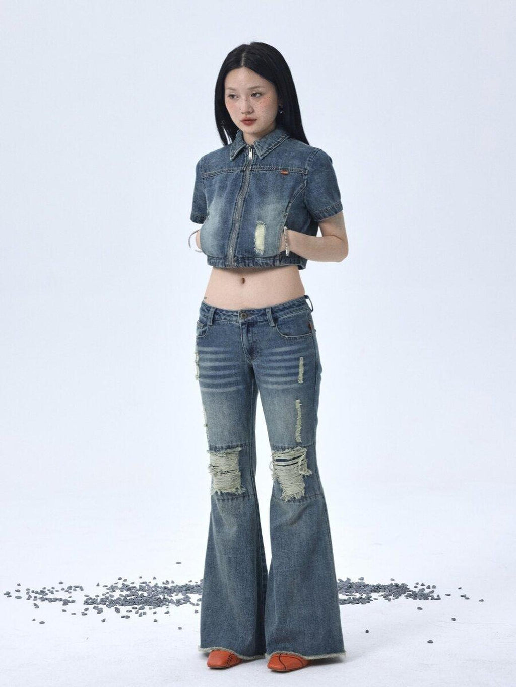 Achihara Vintage Washed Distressed Ripped Low Rise Women'S Denim Flare Jeans