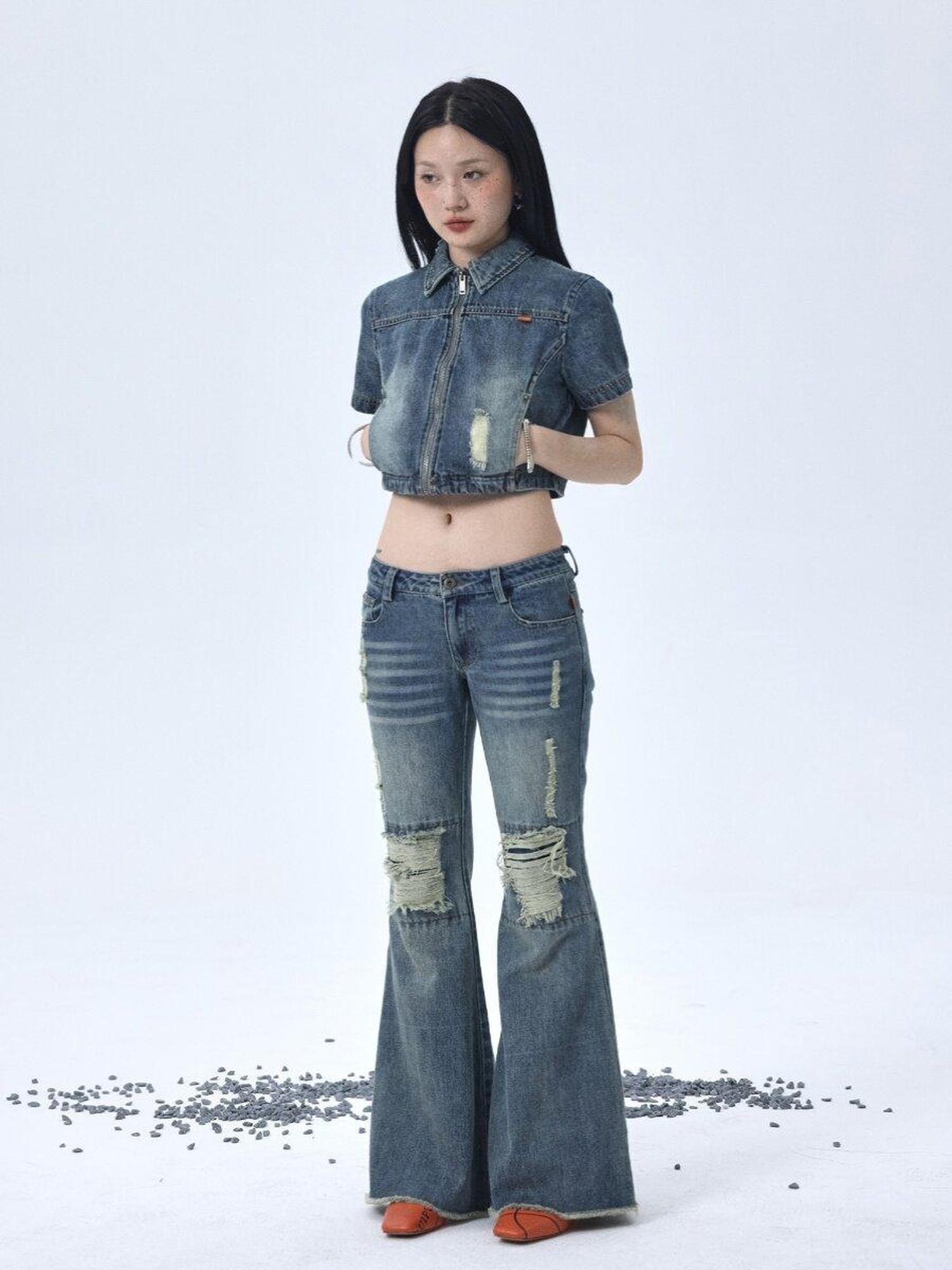 Achihara Vintage Washed Distressed Ripped Low Rise Women'S Denim Flare Jeans