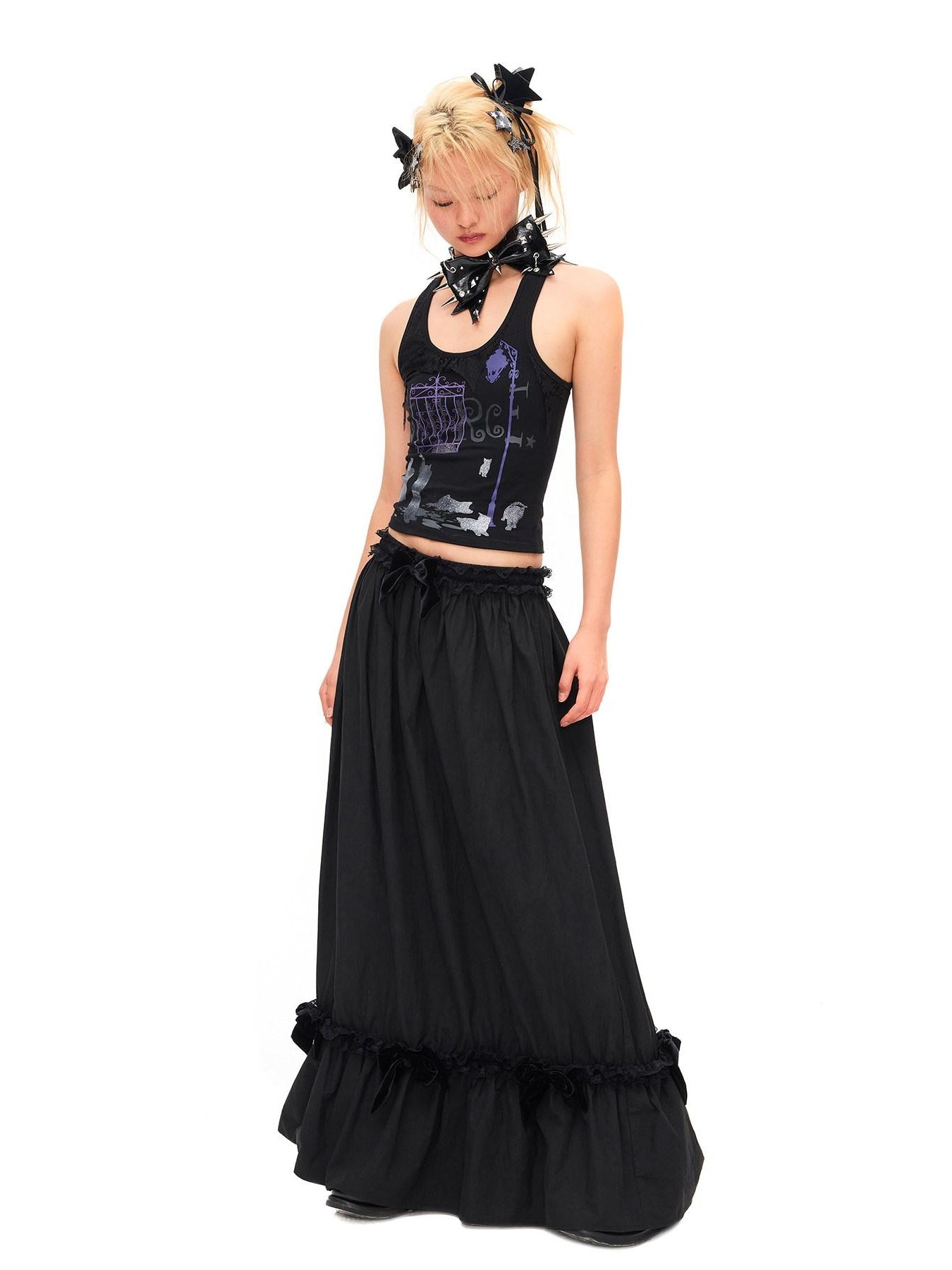 CFIERCE Lace Trim Silk Bamboo Blend Pleated Mid Waist Straight Black Skirt