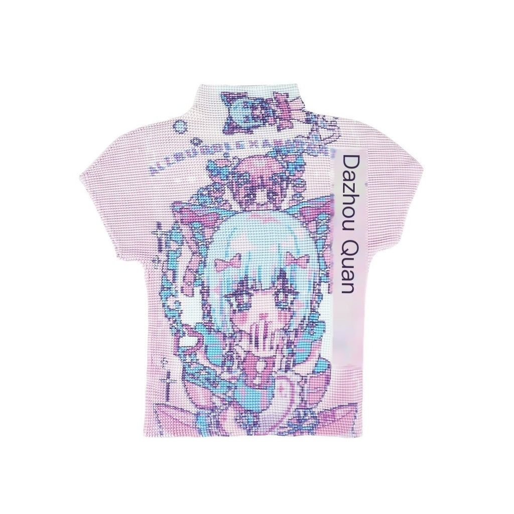 allbubble_Allover_Print_Cartoon_Short_Sleeve_High_Neck_Women's_Polyester_Ruched_T-shirts_738080331167_MISSTT