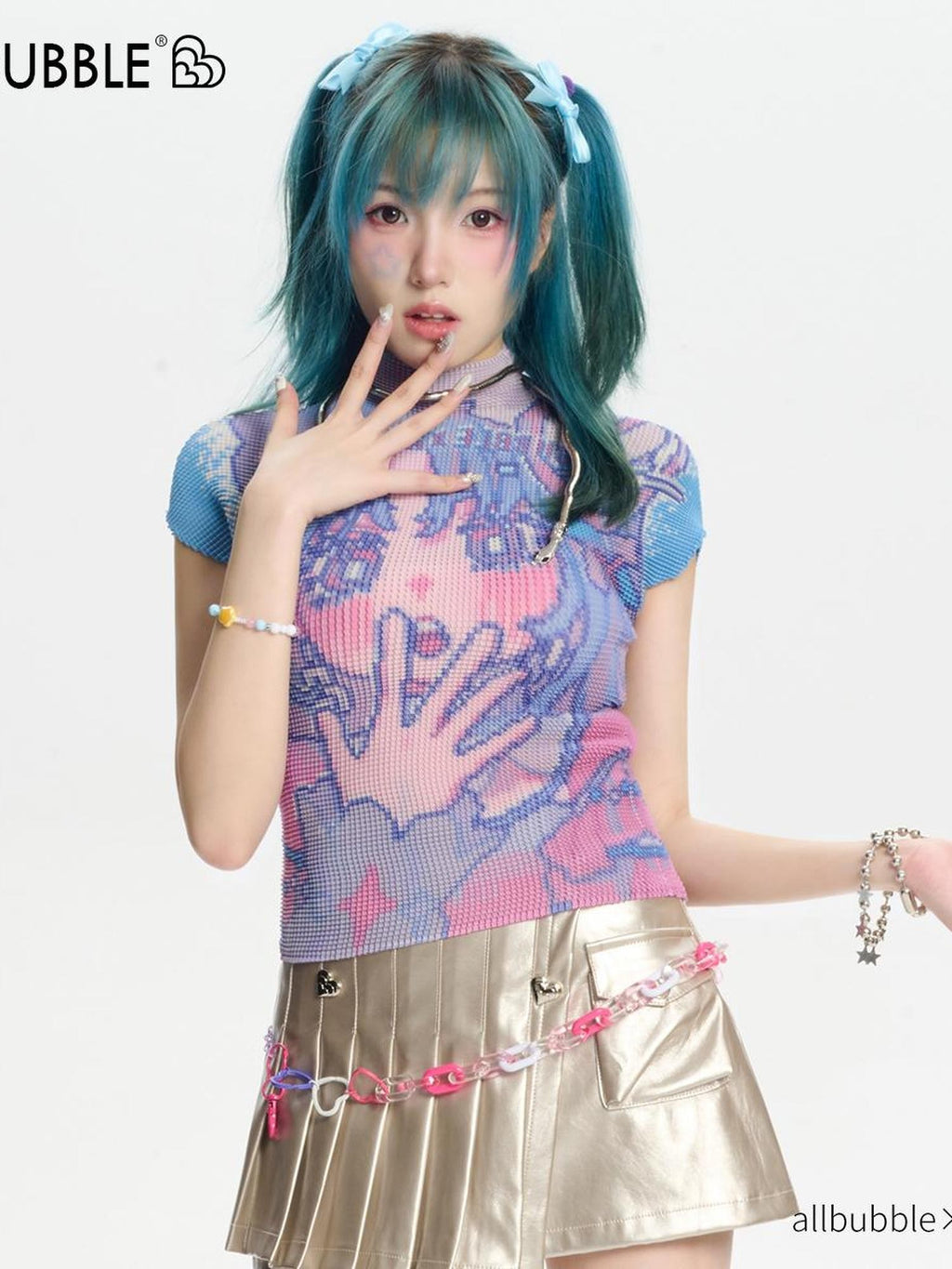 allbubble Allover Print Cartoon Short Sleeve High Neck Women's Polyester Ruched T-shirts
