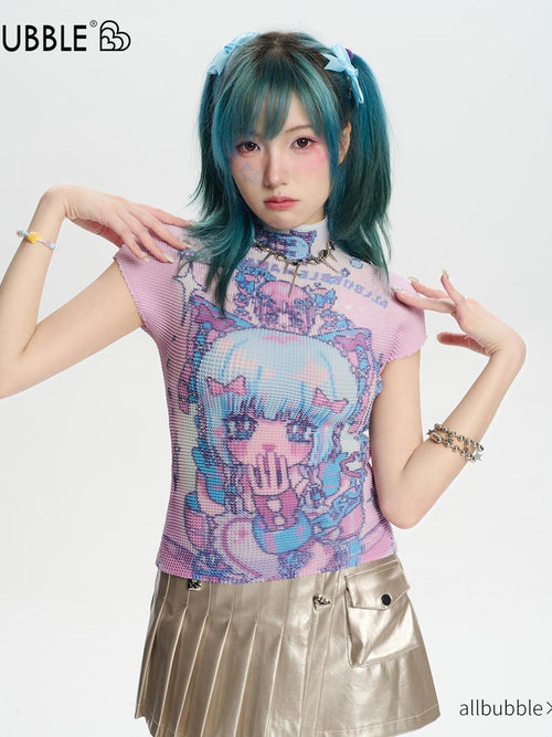 allbubble Allover Print Cartoon Short Sleeve High Neck Women's Polyester Ruched T-shirts