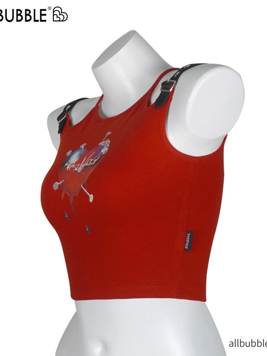 allbubble Asymmetric Heart Print Cross Studded Women's Cotton Tank Tops