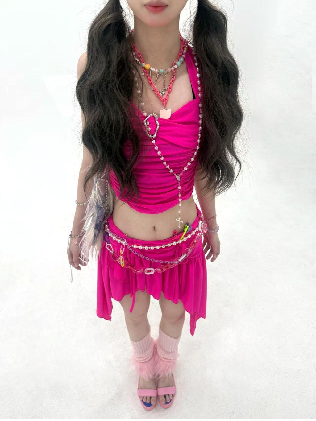 allbubble Barbie Pink Halter Tie Smocked Ruffle Sleeveless Women's Matching Skirt Sets