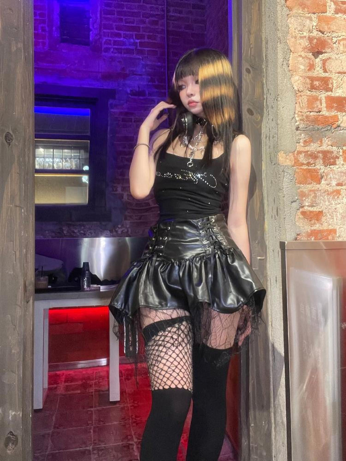 allbubble Black Mesh Lace Up Paneled High Waist A Line Women's Pu Leather Skirts