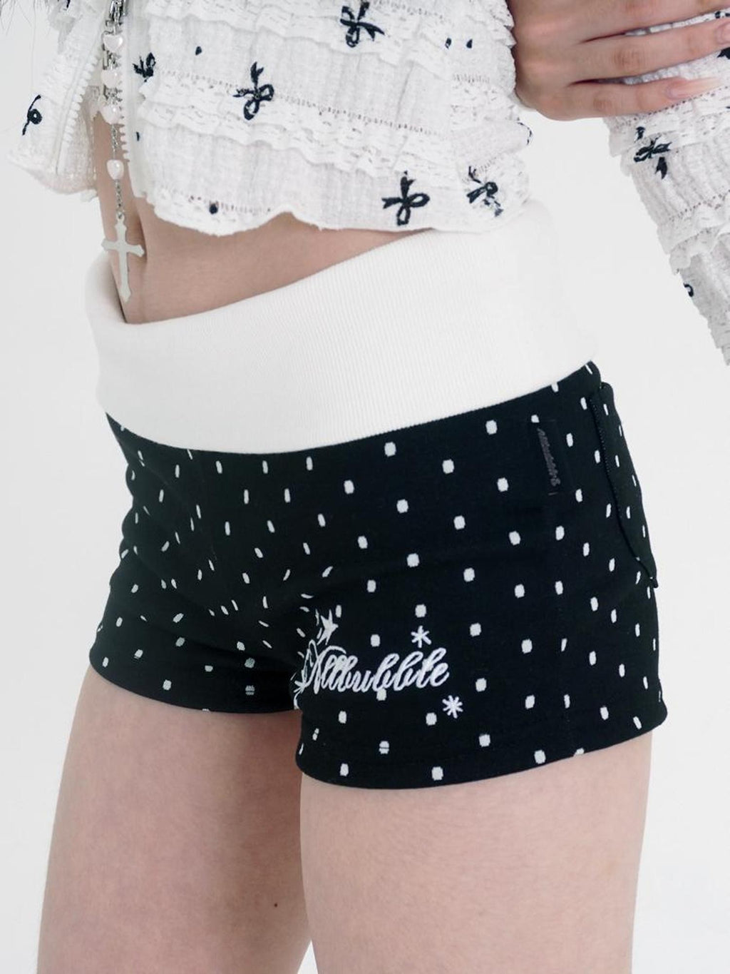 allbubble Black White Polka Dot Embroidered Panel Low Rise Fitted Women's Knit Sweat Shorts