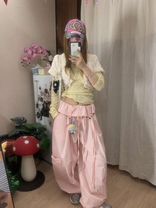 allbubble Bow Print Ruffled Tie Wide Leg Cotton Women's Cargo Pants