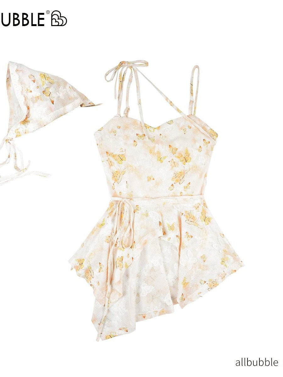 allbubble Butterfly Print Yellow Lace Up Women's Polyester Camisoles