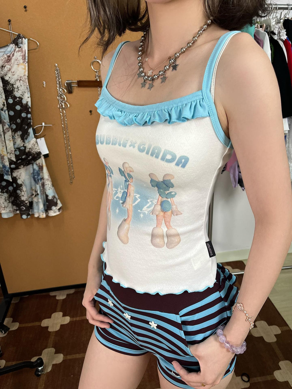allbubble Cartoon Angel Print Slim Fit Knit Women's Rayon Tank Tops