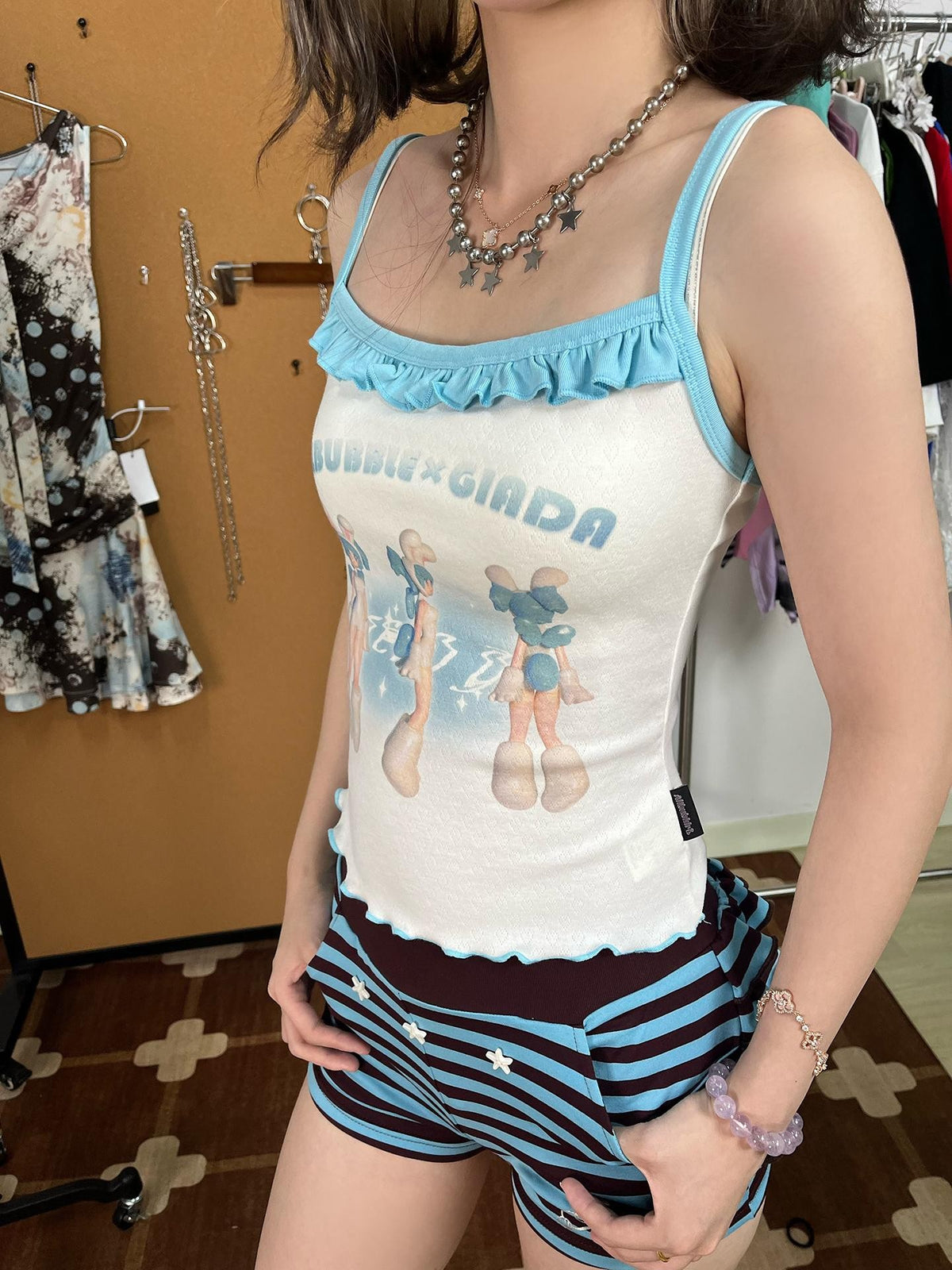 allbubble Cartoon Angel Print Slim Fit Knit Women's Rayon Tank Tops