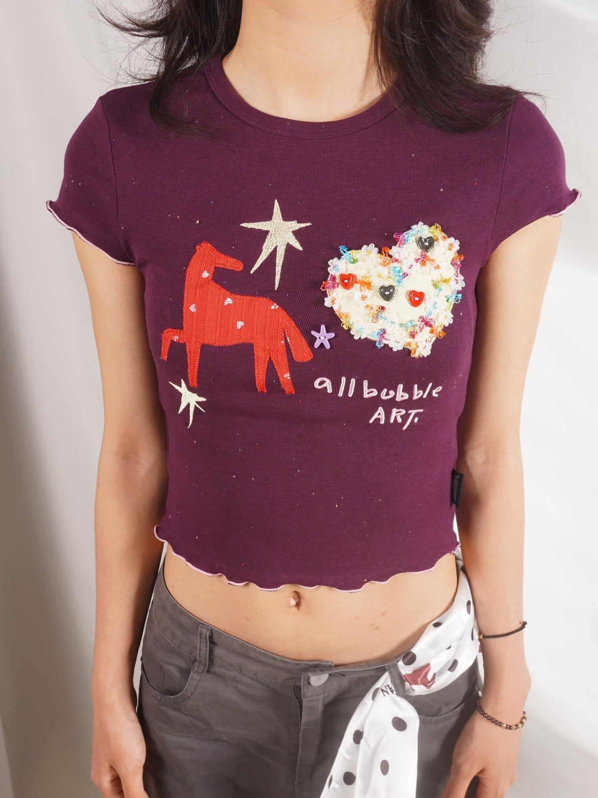 allbubble Cartoon Embroidered Pony Vintage Women's Cotton Crop Tops