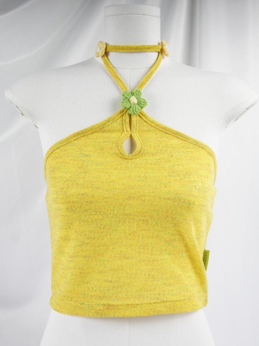 allbubble Crochet Floral Print Slim Fit Women's Polyester Halter Tops