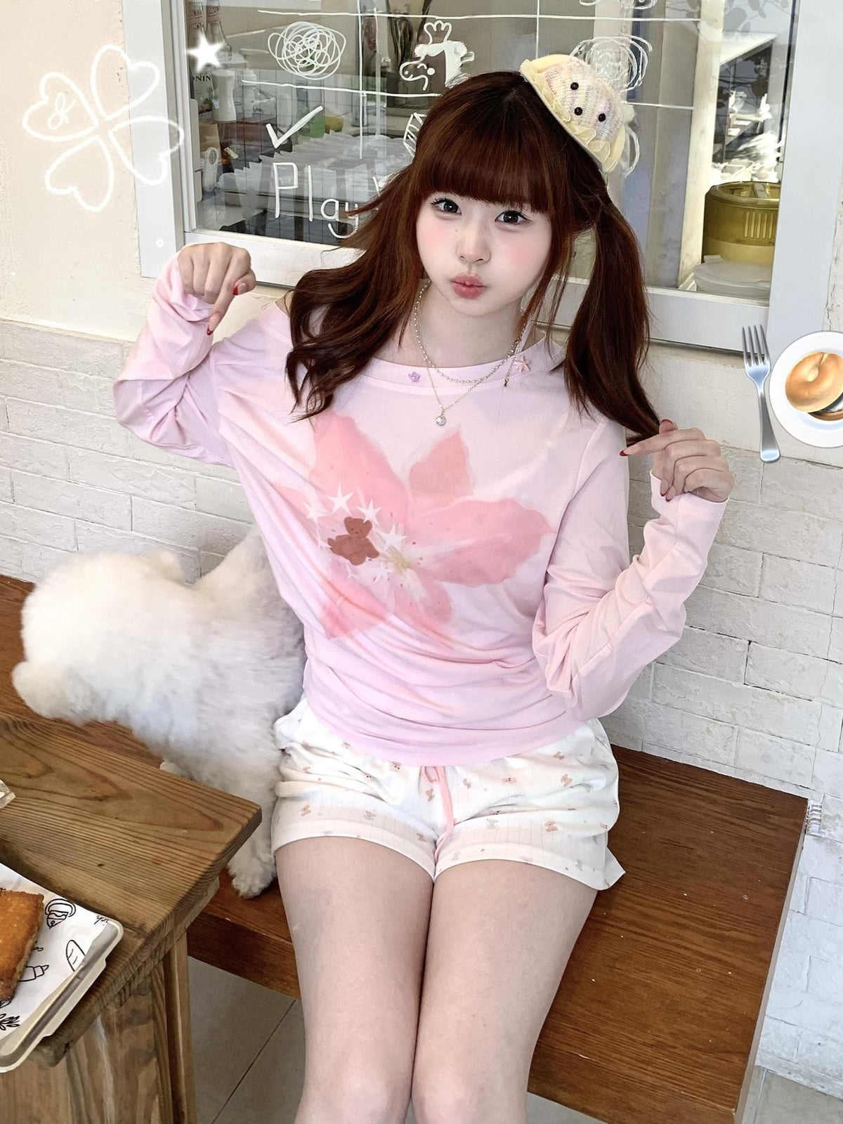 allbubble Cute Bear Print Lace Up Asymmetric Shoulder Lyocell Women's Long Sleeve T-shirts