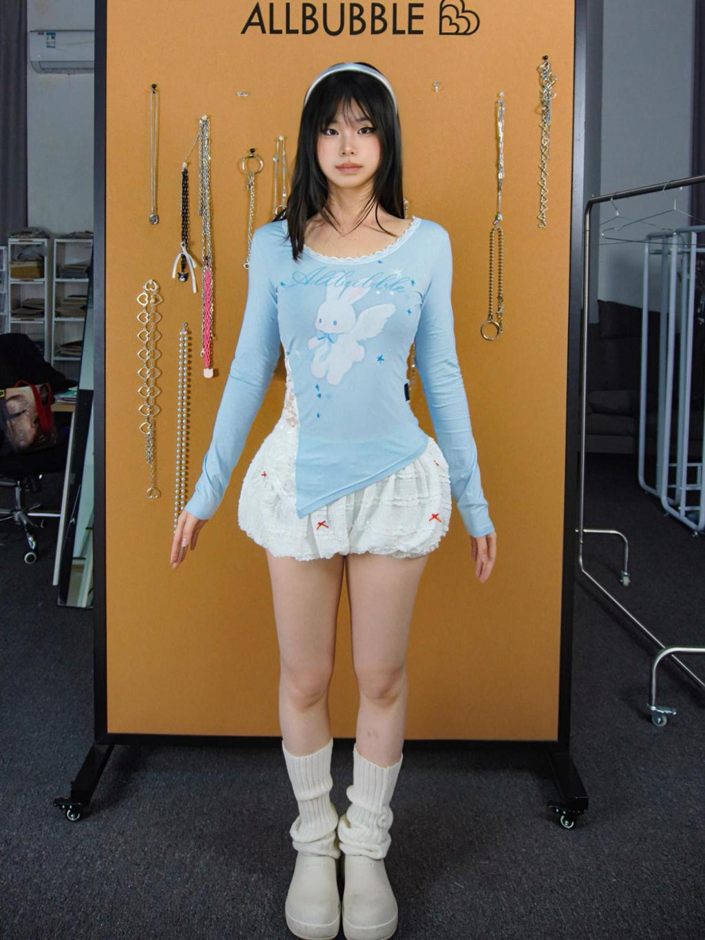 allbubble Cute Light Blue Cartoon Print Lace Modal Women's Long Sleeve T-shirts