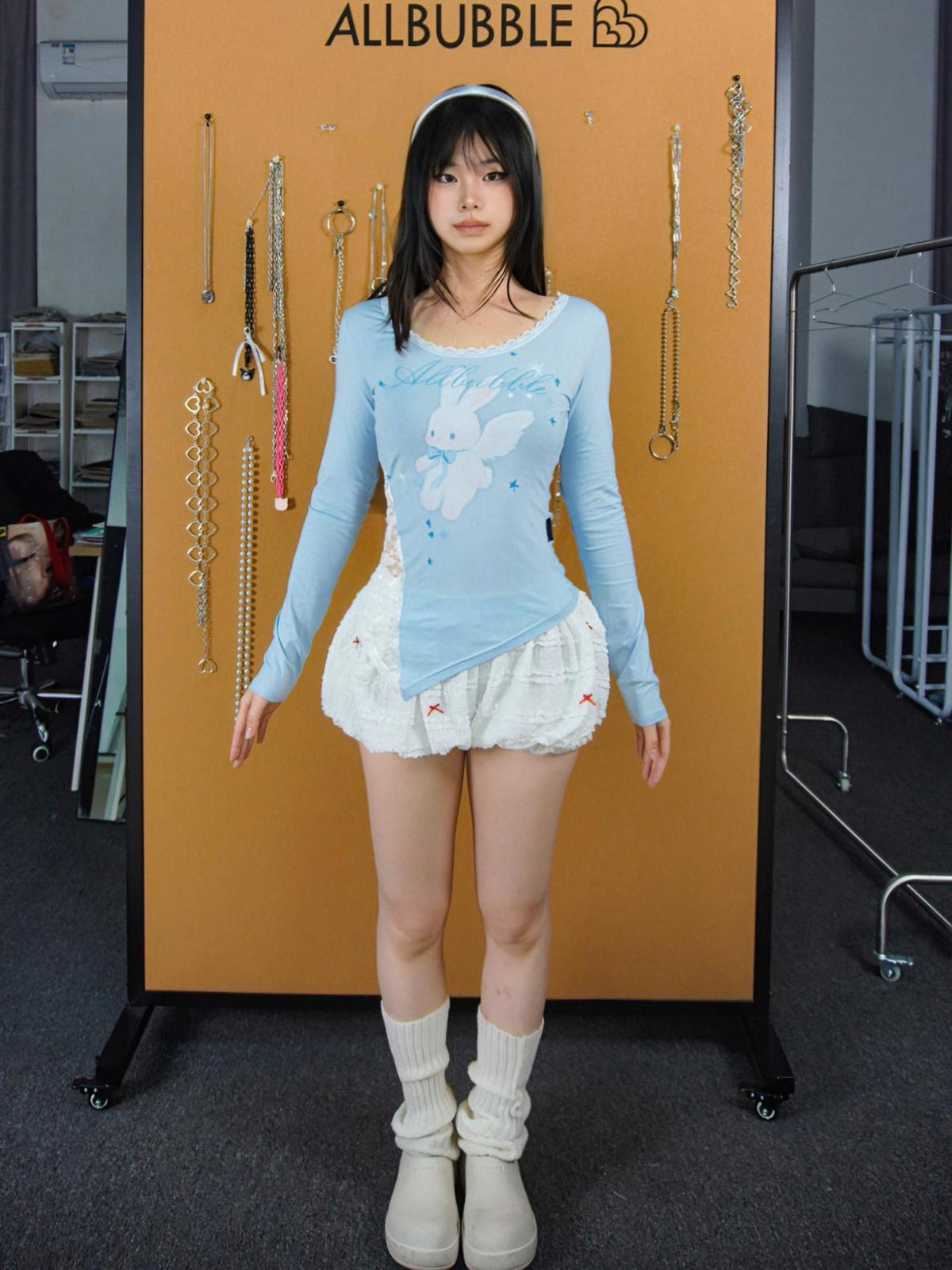 allbubble Cute Light Blue Cartoon Print Lace Modal Women's Long Sleeve T-shirts