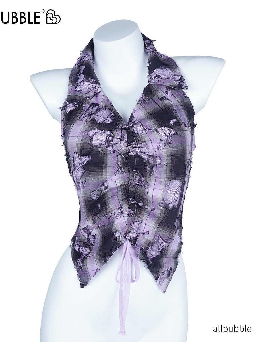 allbubble Distressed Lace Plaid Collar Slim Fit Women's Cotton Halter Tops
