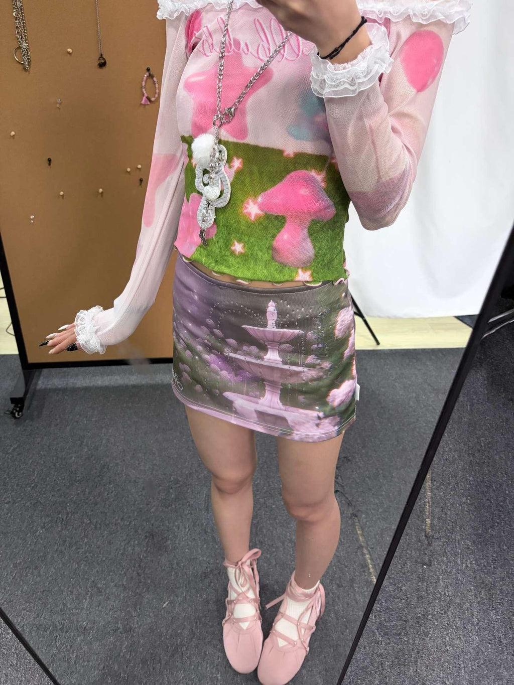 allbubble Dreamcore Print Pink Rhinestone Zipper Fitted Women's Bodycon Skirts
