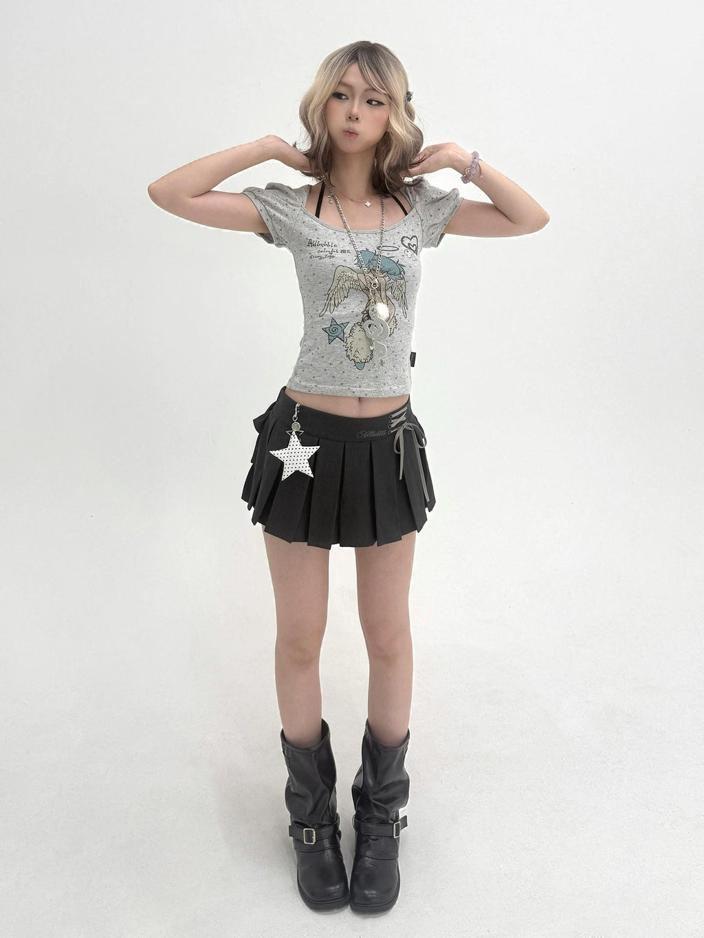 allbubble Embroidered Lace Up Pleated Layered Women's Polyester Pleated Skirts