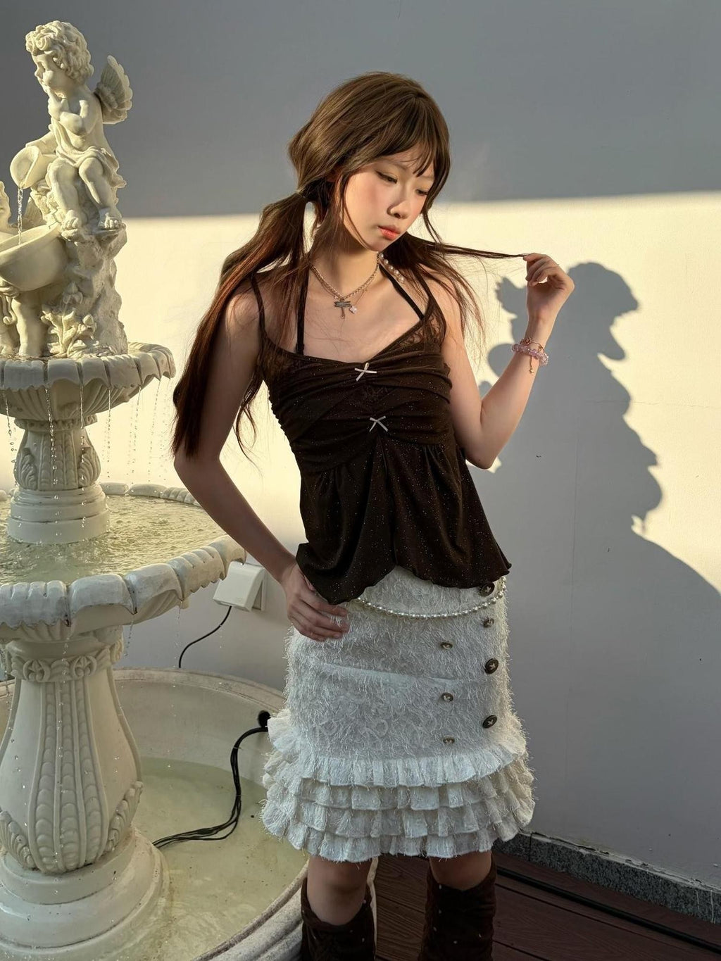 allbubble Glitter Lace Ruffle Hem Layered Look Women's Lace Camisoles