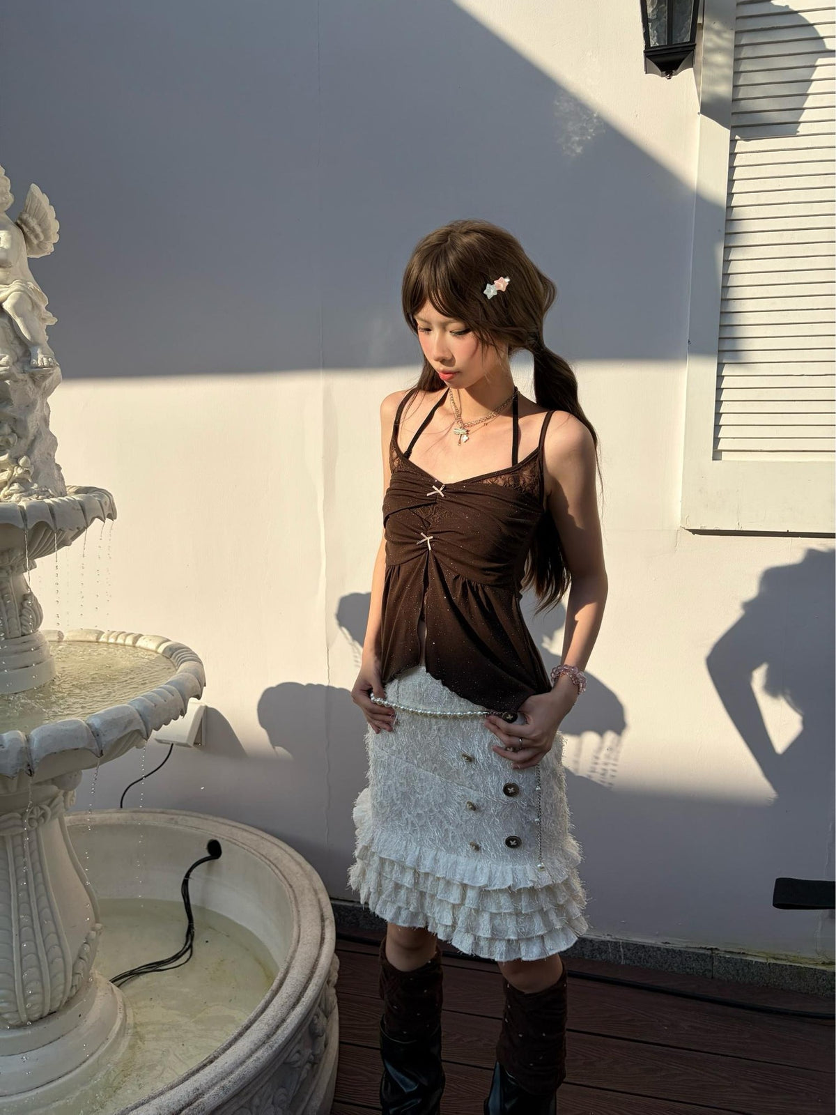 allbubble Glitter Lace Ruffle Hem Layered Look Women's Lace Camisoles