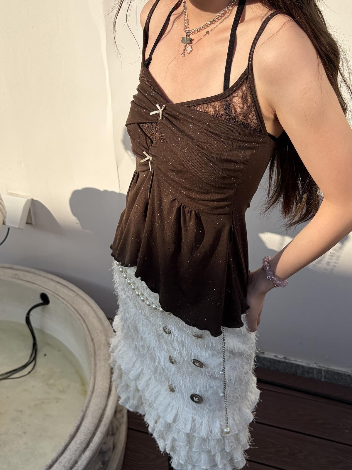 allbubble Glitter Lace Ruffle Hem Layered Look Women's Lace Camisoles