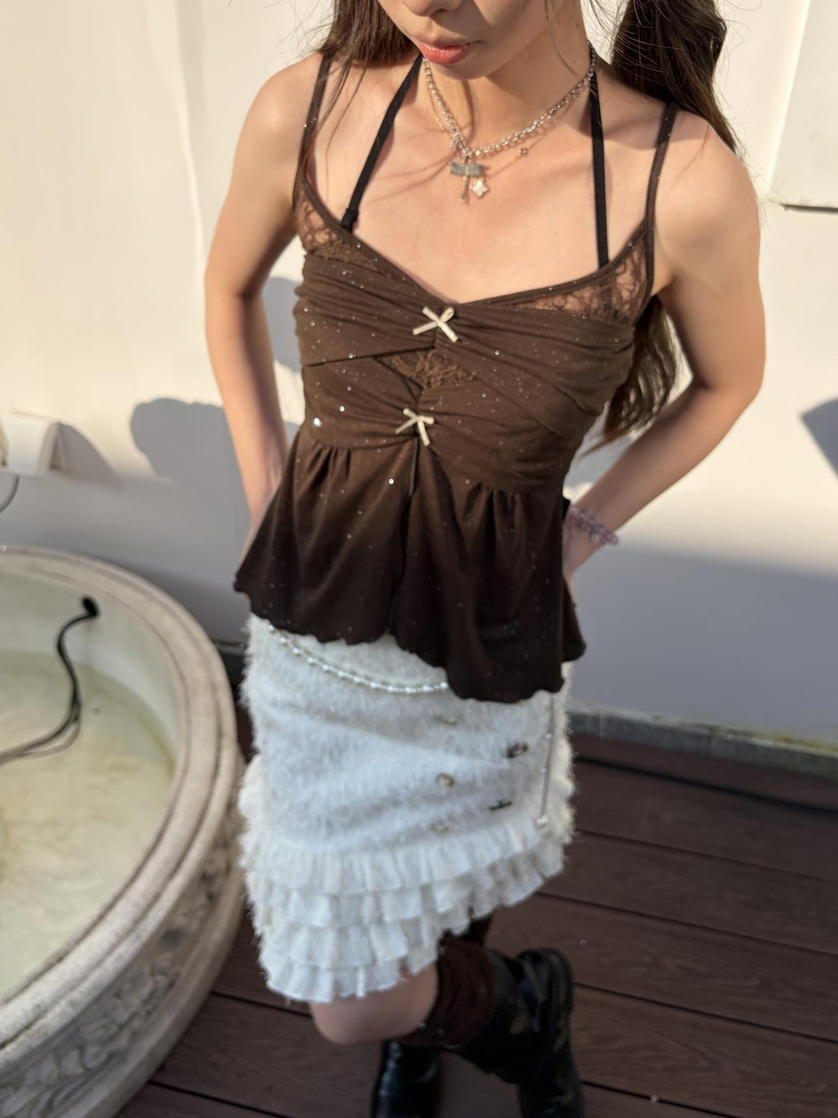 allbubble Glitter Lace Ruffle Hem Layered Look Women's Lace Camisoles