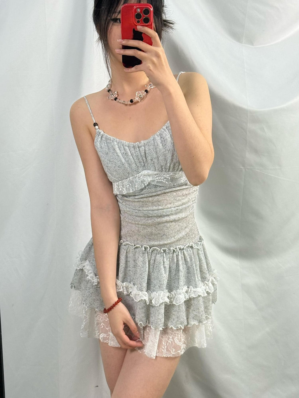 allbubble Gray White Lace Pleated Fitted Women's Polyester Slip Mini Dresses