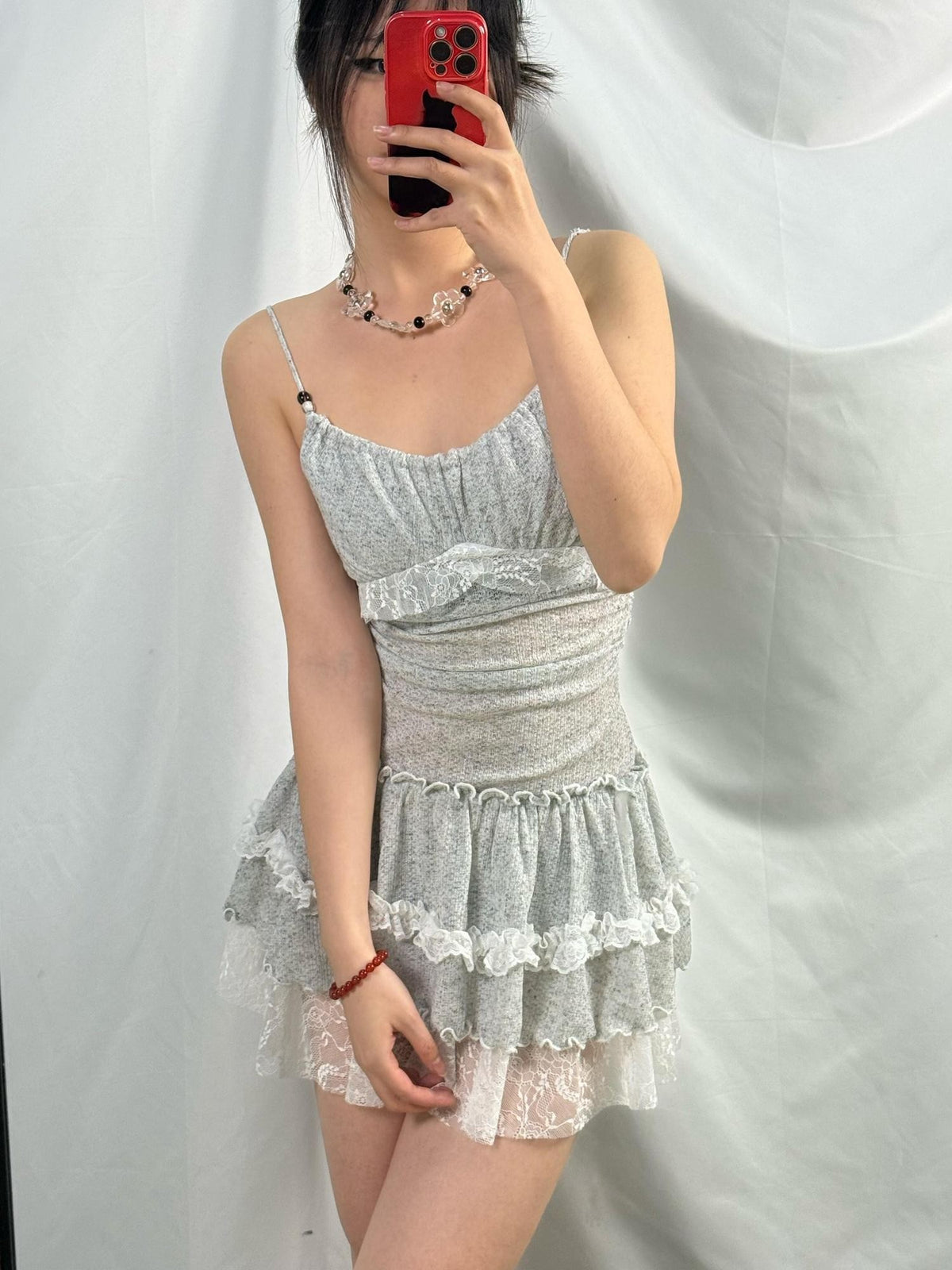 allbubble Gray White Lace Pleated Fitted Women's Polyester Slip Mini Dresses