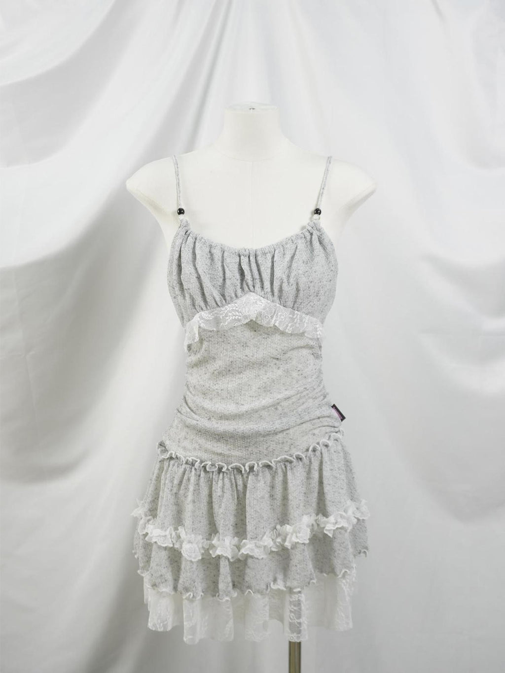 allbubble Gray White Lace Pleated Fitted Women's Polyester Slip Mini Dresses