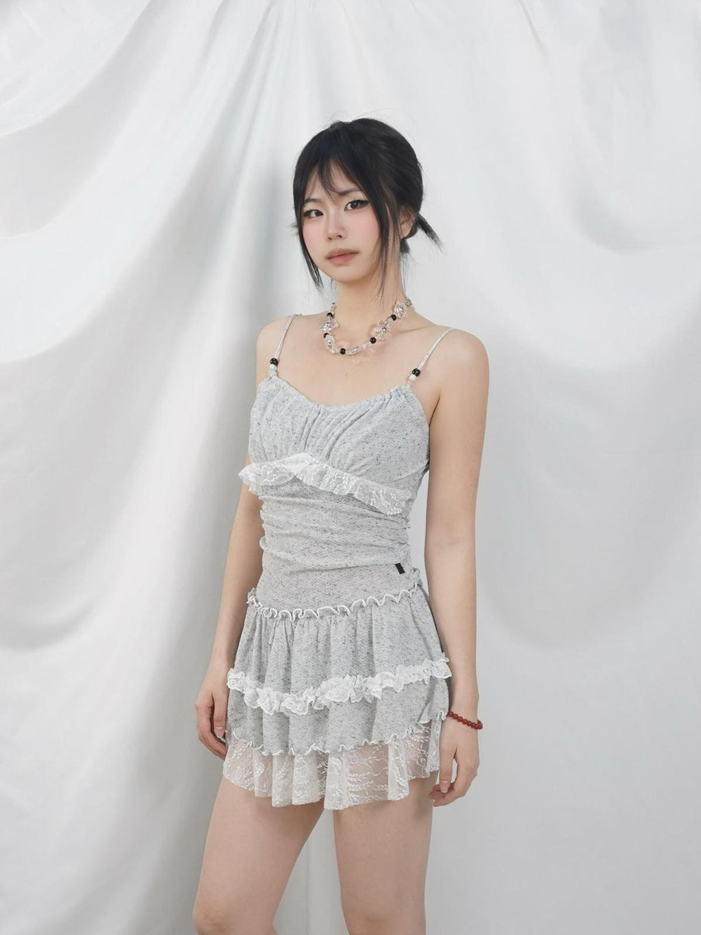 allbubble Gray White Lace Pleated Fitted Women's Polyester Slip Mini Dresses
