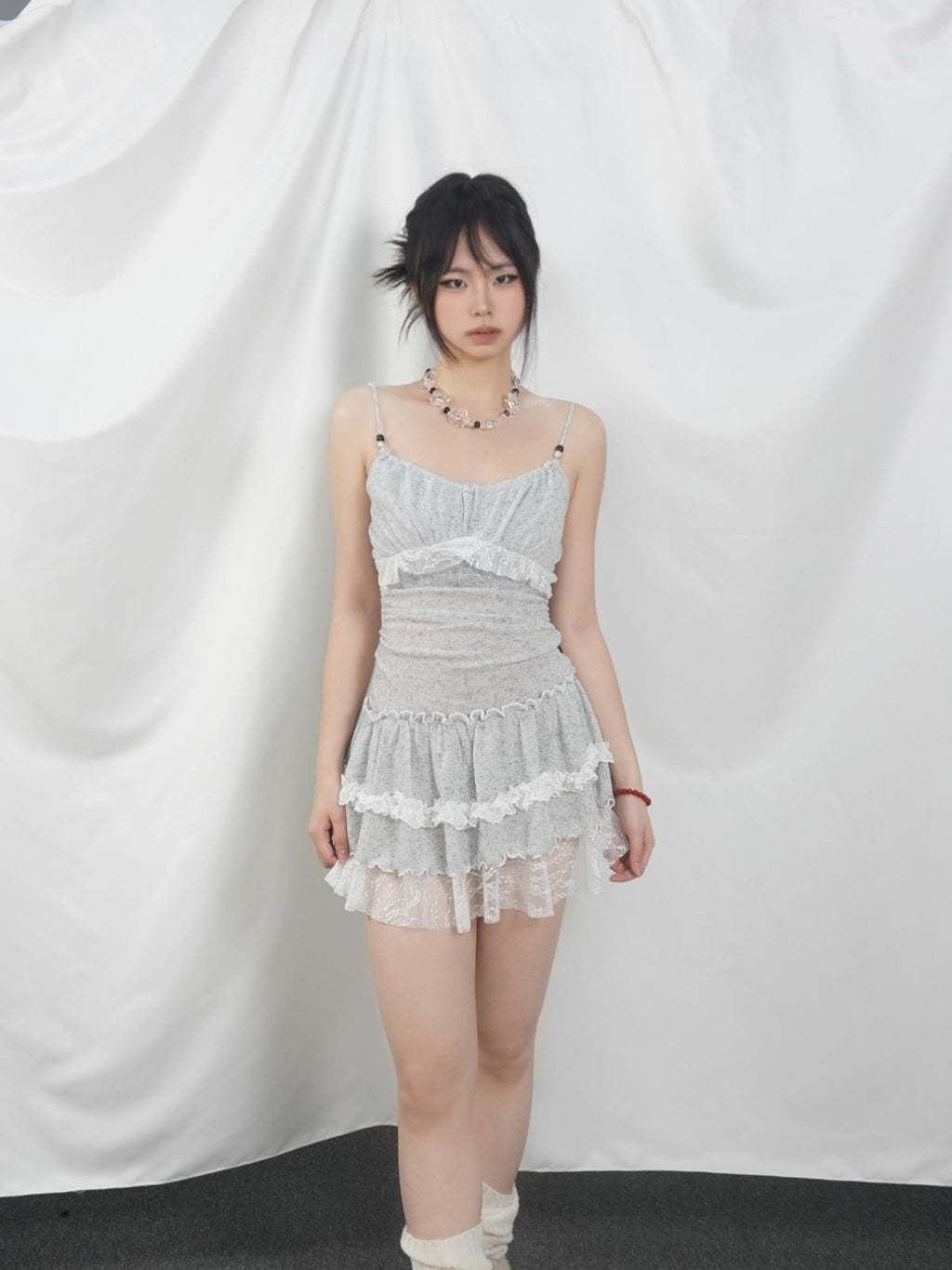 allbubble Gray White Lace Pleated Fitted Women's Polyester Slip Mini Dresses
