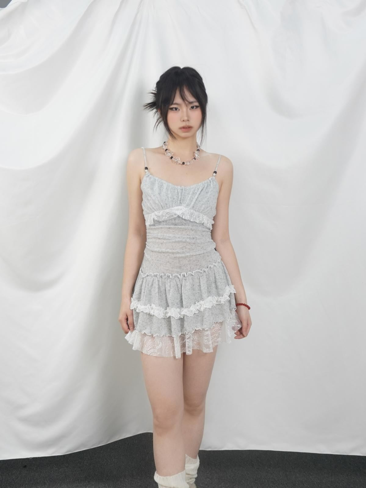 allbubble Gray White Lace Pleated Fitted Women's Polyester Slip Mini Dresses