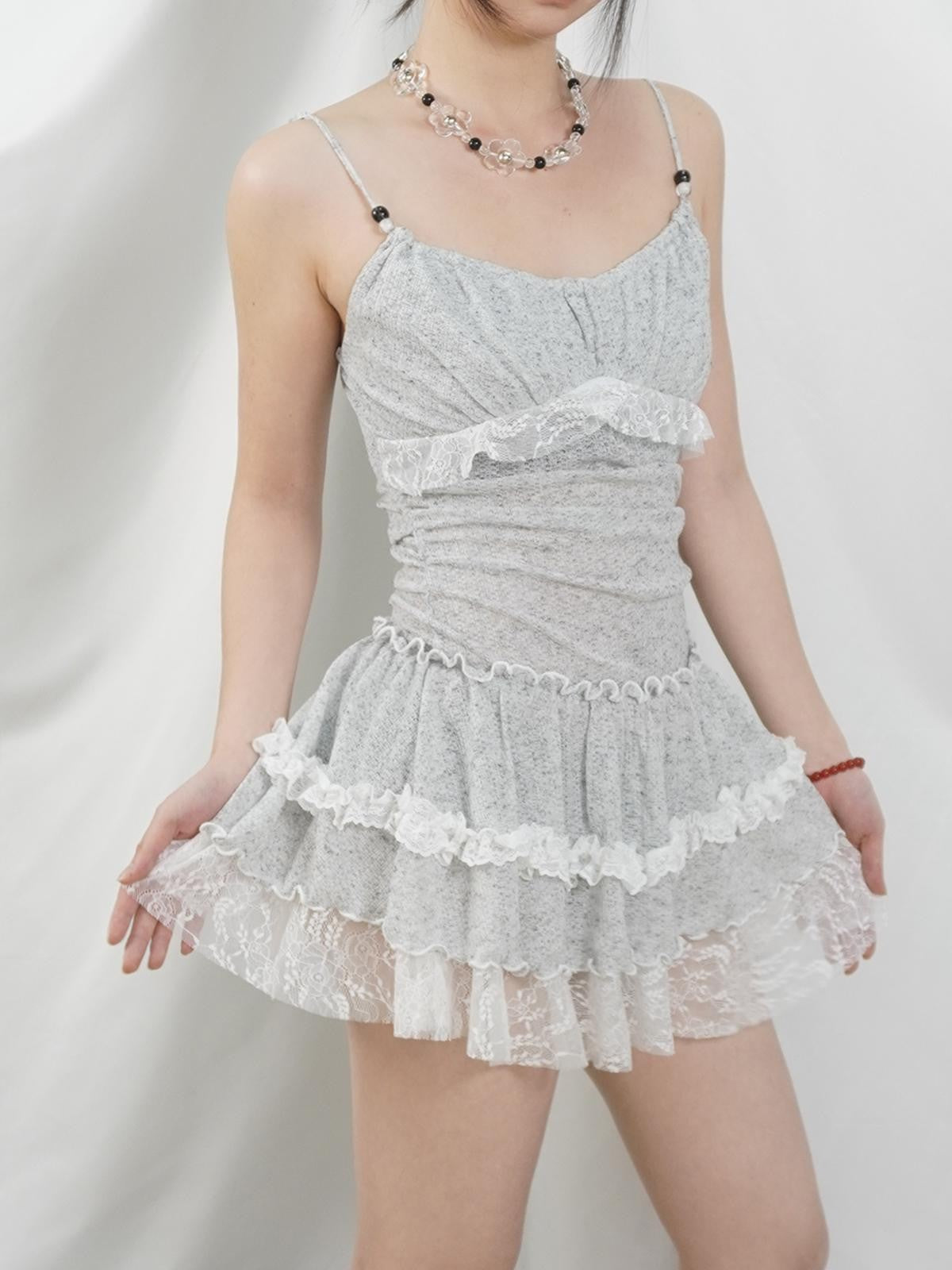 allbubble Gray White Lace Pleated Fitted Women's Polyester Slip Mini Dresses