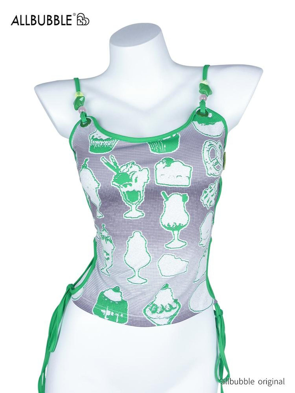 allbubble Green Ice Cream Print Side Cutout Strappy Women's Polyester Tank Tops